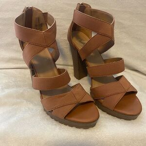 Women's brown strap sandle with 2inch heel, size 10.